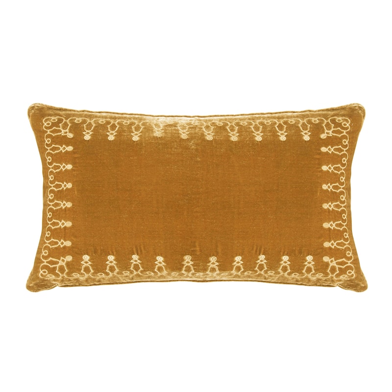 HiEnd Accents Stella Faux Silk Velvet Romantic Western Embroidered Decorative Throw Lumbar Pillow, 14"x24" - Saffron