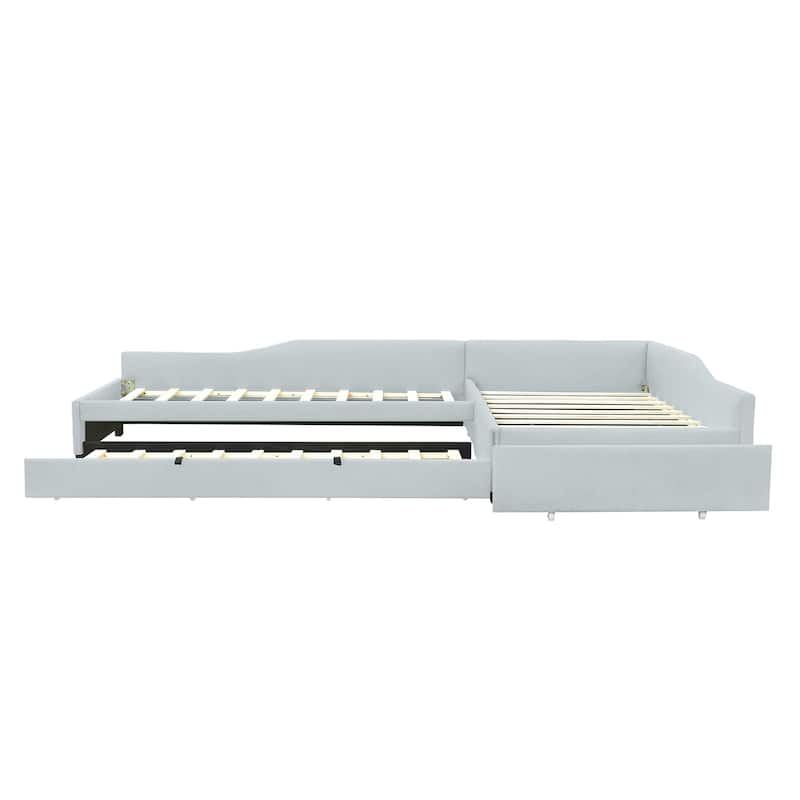Beige Upholstered Twin Daybed with Trundle and Drawer for Extra Sleeping Space