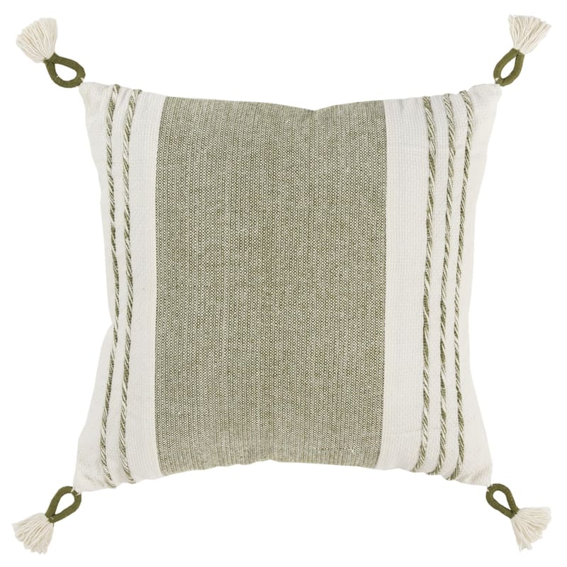 Rizzy Home Woven Striped Square Throw Pillow with Tassels - Down - Green/White
