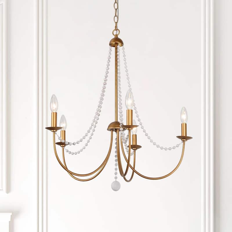Alisar Mid-century Modern 5-Light Chandelier Swing Arms French Country Wood Beads Pendant Lights for Dining Room