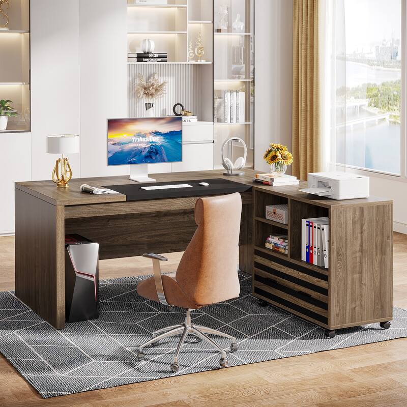 62.2" Executive Desk with Mobile File Cabinet, L-Shaped Office Desk
