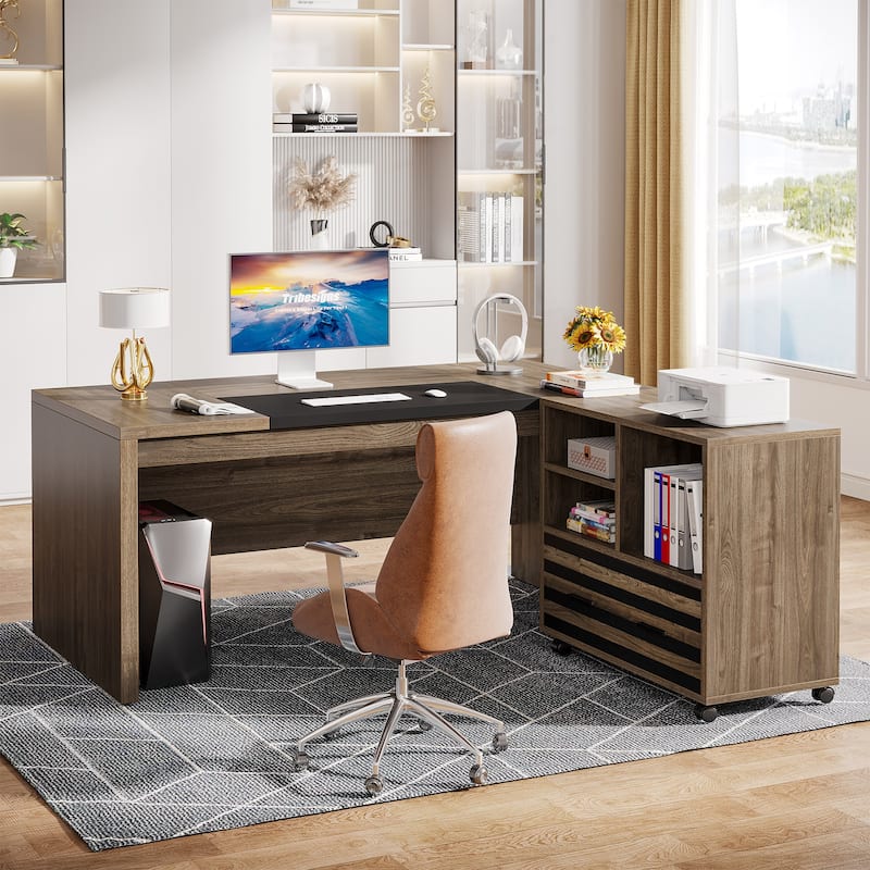 Large Executive Desk with Mobile File Cabinet, 62.2" L-Shaped Office Desk Business Workstation Set - Light Brown/Black