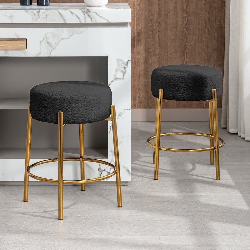 Mixoy Backless 24"Counter Height Velvet Bar Stools with steel Legs - Set of 2 - Black with gold legs - Counter Height