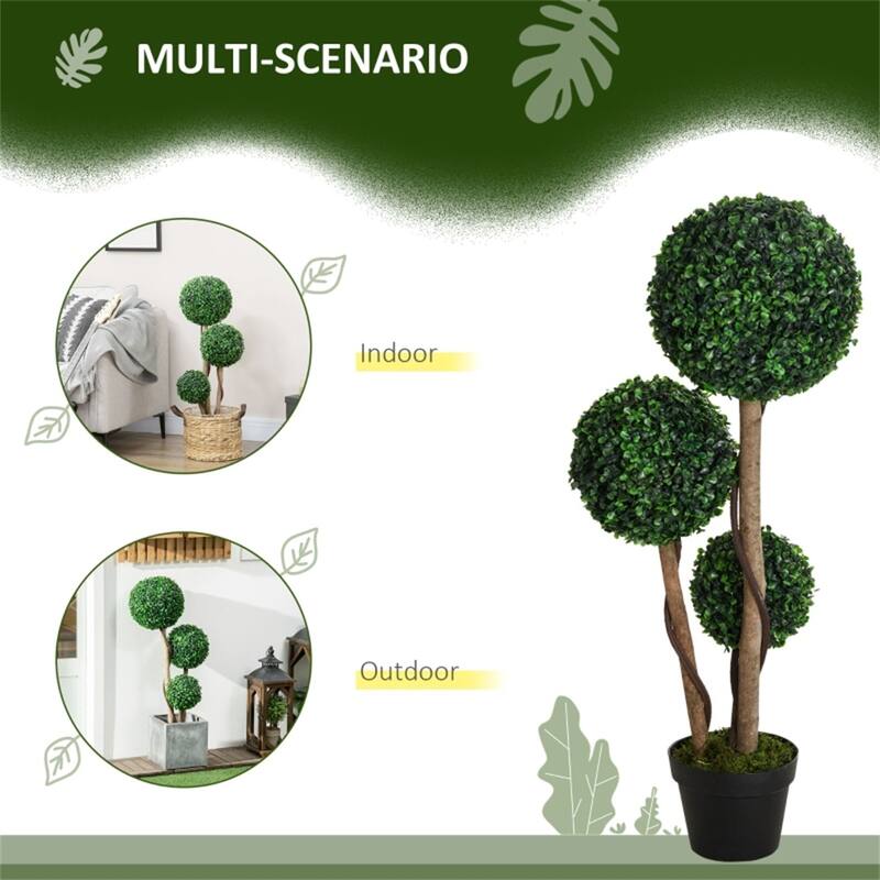 Artificial Three-Ball Boxwood Plant 35 Inch Dark Green with Cement Pot for Home Office and Outdoor Decoration - 35.5"