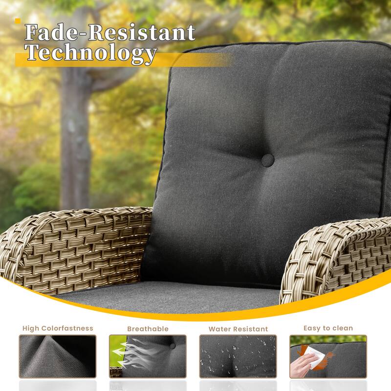 HOOOWOOO 8-piece Patio Wicker Rattan Swivel Rocking Chair Set with Solar-powered Table