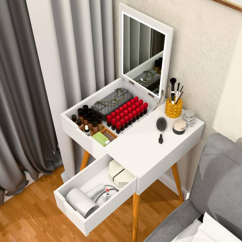 Small Makeup Vanity Table, Dresser Desk with 2 Drawers , Flip Top Mirror Organizer, Makeup Dressing Table for Bedroom