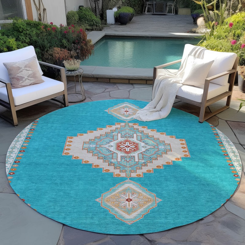 Machine Washable Indoor/ Outdoor Boho Traditional Chantille Rug - Teal - 8' x 8'
