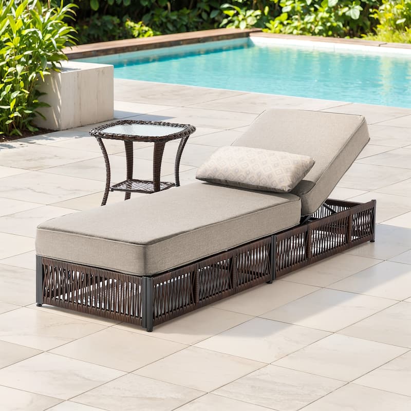 ArcoBay Brown Wicker Outdoor Patio Chaise Lounge with 5-Inch Thick Cushions and Side Table - Beige