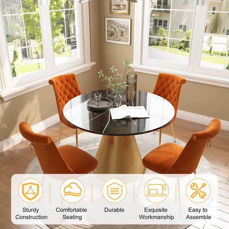 48" Marble Top Metal Dining Table with Velvet Dining Chair Set