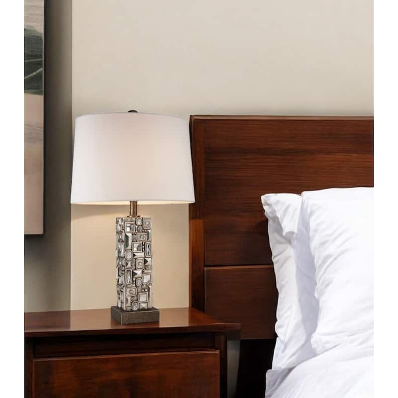 Silver Polyresin Bedside Lamp with White Empire Shade 3 Way Switch - 17.5” x 12.5” x 28” (D x W x H)