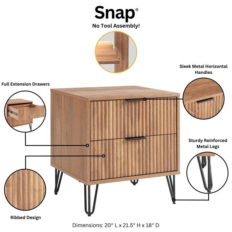 Fluted Nightstand with 2 Drawers Metal Legs Tool Free Assembly