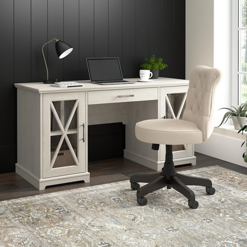 Lennox Farmhouse Desk with Storage and Keyboard Tray by Bush Furniture - Linen White Oak