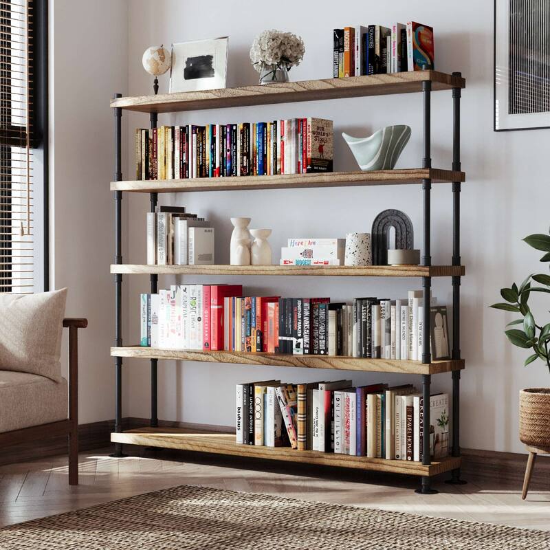 Wallniture 60 inch Long Pipe Bookcase, 11.25'' Deep & 1.5'' Thick Hanging Wood Shelf for Home Organization, Rustic, Tier Options