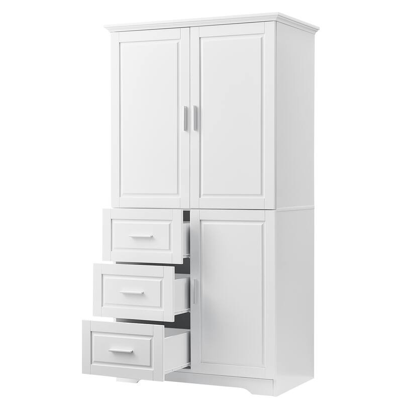 Roomfitters Tall & Wide Bathroom Storage Cabinet, Modern MDF Linen Tower with 3 Drawers & Adjustable Shelves
