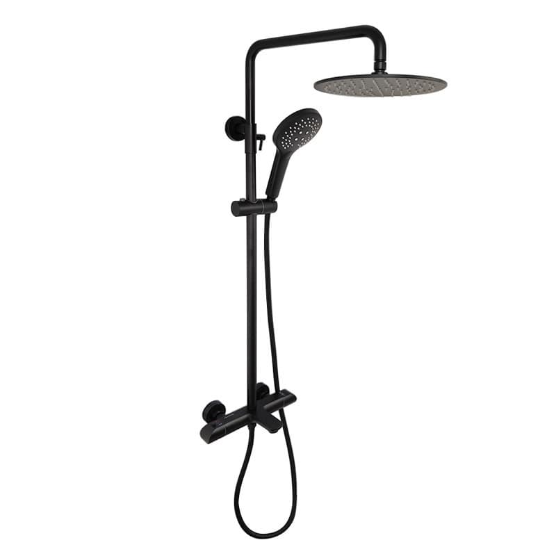 Zen, Thermostatic Exposed Shower Pipe System, Round 10" Rain Shower Head, 3 Functions Hand Shower and Tub Spout, 2.5 Gpm.