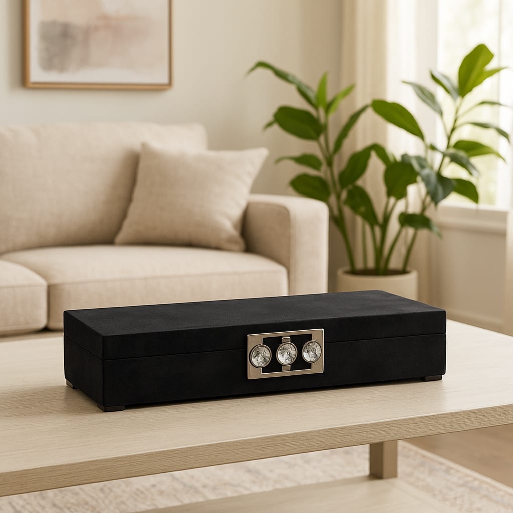 Decorative Box with Lid and Jeweled Metal Clasp - 18", Black - 18.0"