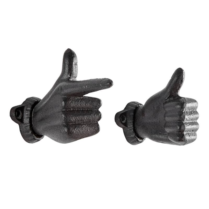 "Thumbs up & Pointing Finger" Dark Brown Cast Iron Wall Mount Hook Set (Set of 2)