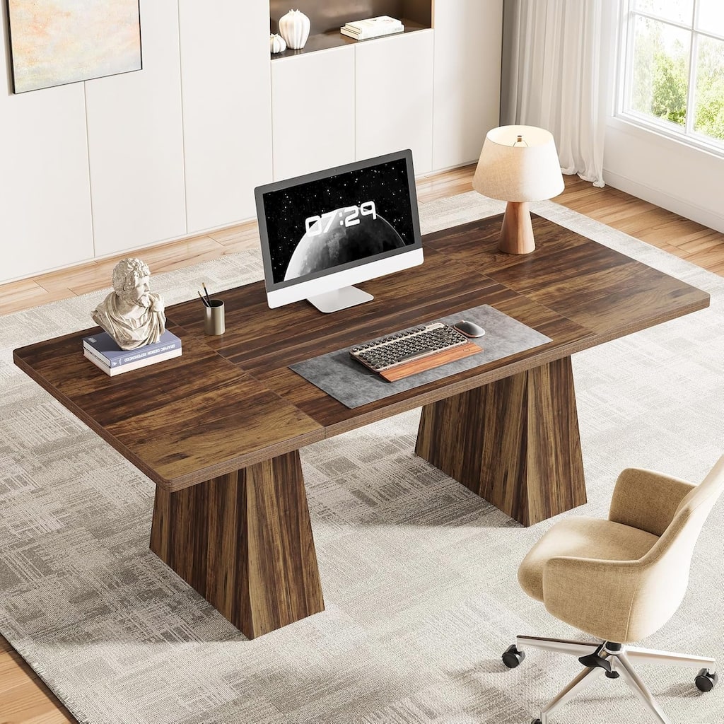 70" Executive Desk, Large Modern Office with Metal Frame for , Rustic Brown & Black