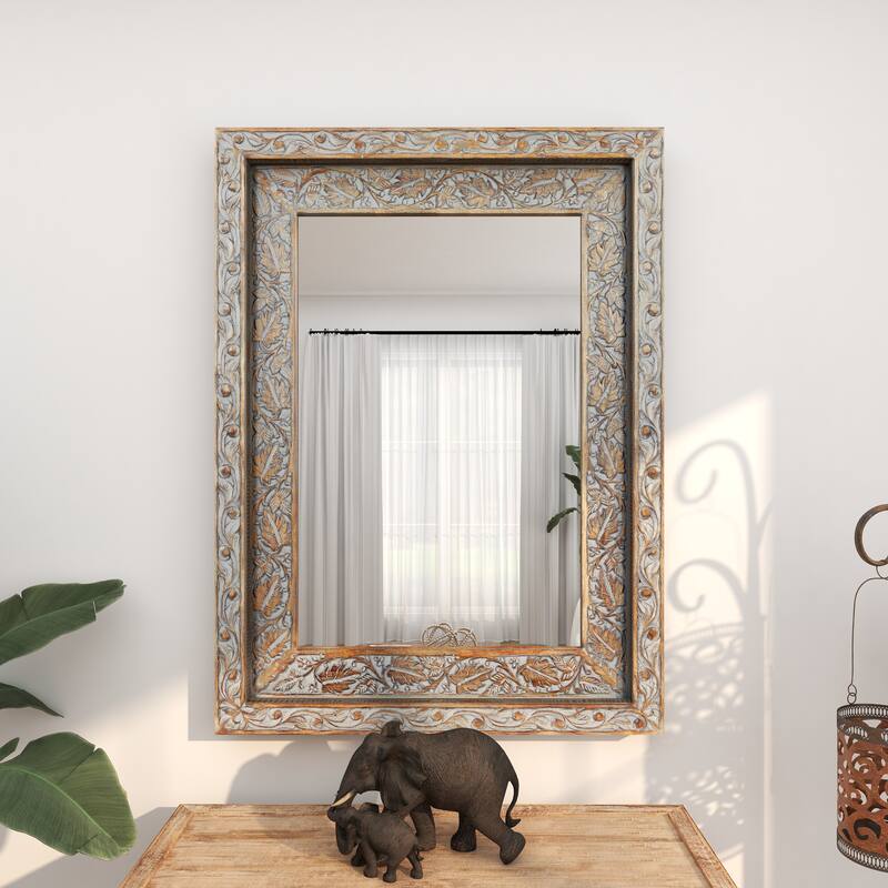 Gray Wood Handmade Intricately Carved Floral Room Wall Mirror