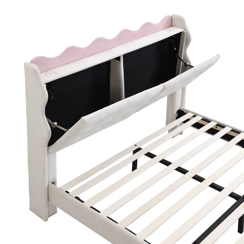 Twin Upholstered Platform Bed with LED Lights, Storage Headboard & USB Ports