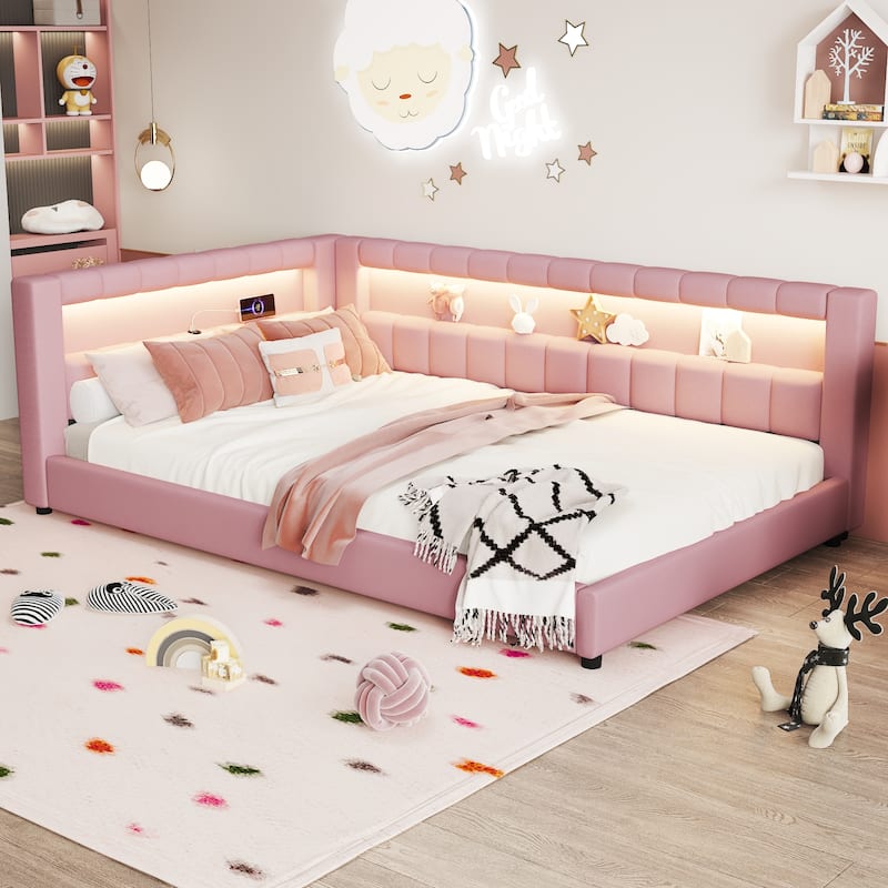 Upholstered Low-Profile Daybed Platform Bed Built-in USB Ports and LED Light Belt, Grounded Design with Padded Backrest