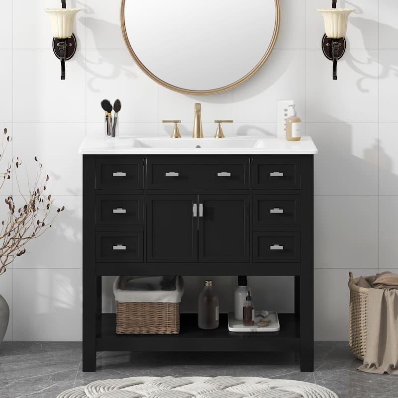 36-Inch Black Bathroom Vanity with Ceramic Sink, 6 Drawers, and Soft-Close Doors - 36 in ,Black ,Ceramic,Solid Wood+MDF