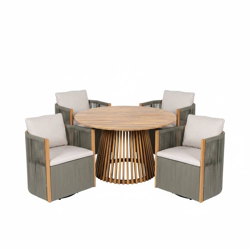 Christopher Knight Home - Roslyn 5-Piece Outdoor Acacia Wood Swivel Dining Set with Rope Woven Wicker Chairs & Round Slat Table