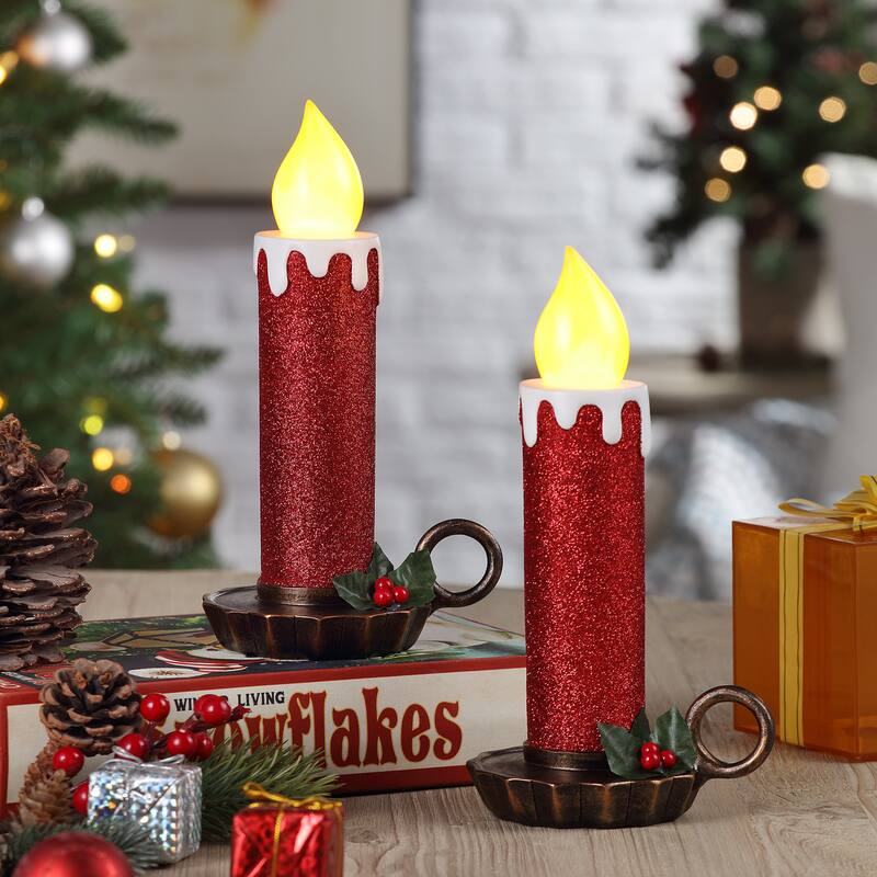10" Set of 2 Flickering LED Resin Glittery Candles - Red