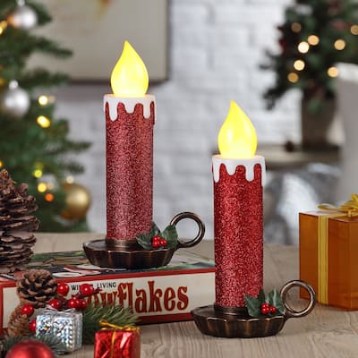 10" Set of 2 Flickering LED Resin Glittery Candles - Red