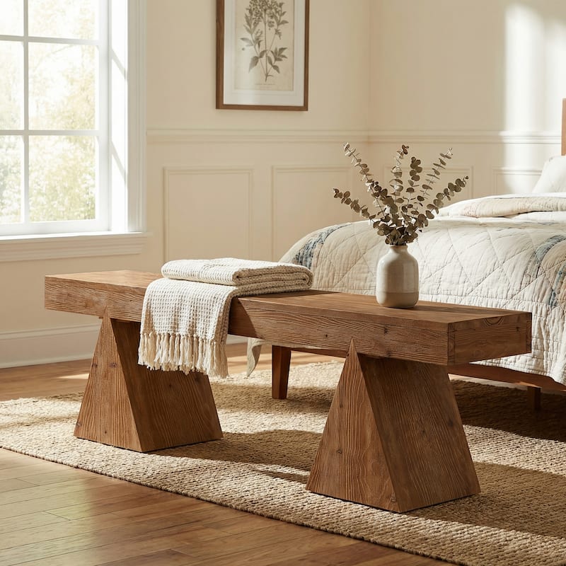 63" Solid Wood Bench, End of Bed Bench, Farmhouse Entryway Benches for Bedroom, Hallway, Kitchen