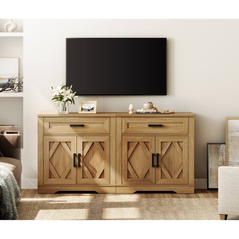 Farmhouse Entertainment Center with Storage Barn Door Cabinet for 50"-130" TVs - 63 inches in width - Walnut