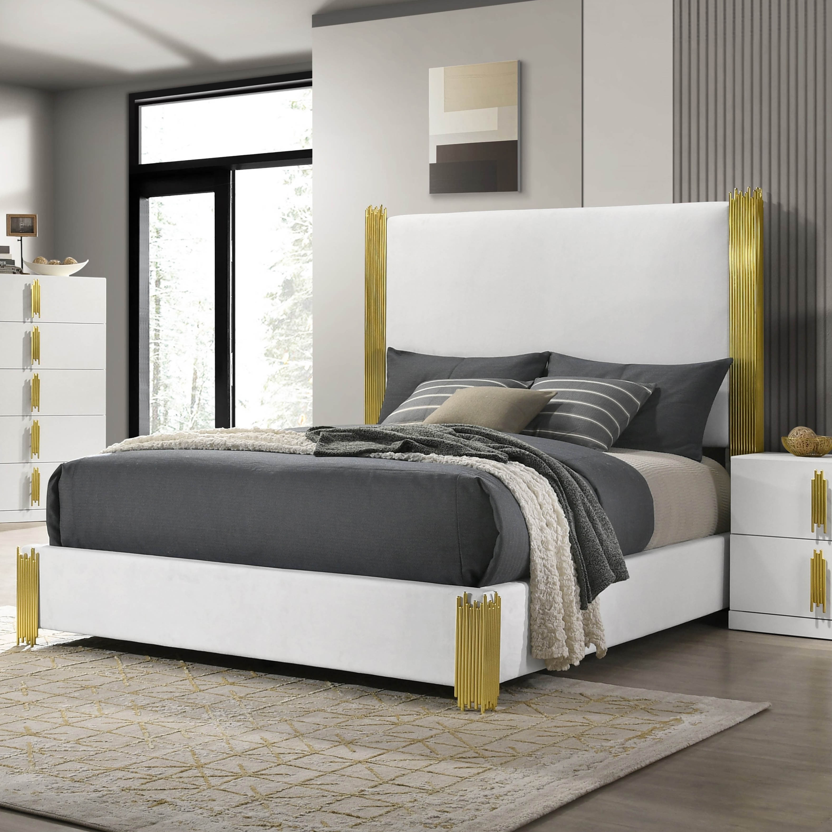 Furniture of America Kylop Modern White Wood Upholstered Platform Bed