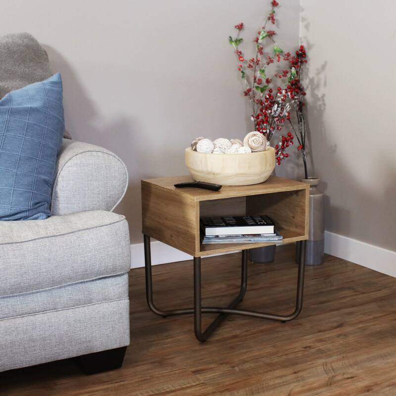 Industrial-Style MDP Side Table with Shelf - Brown - 19.75 in