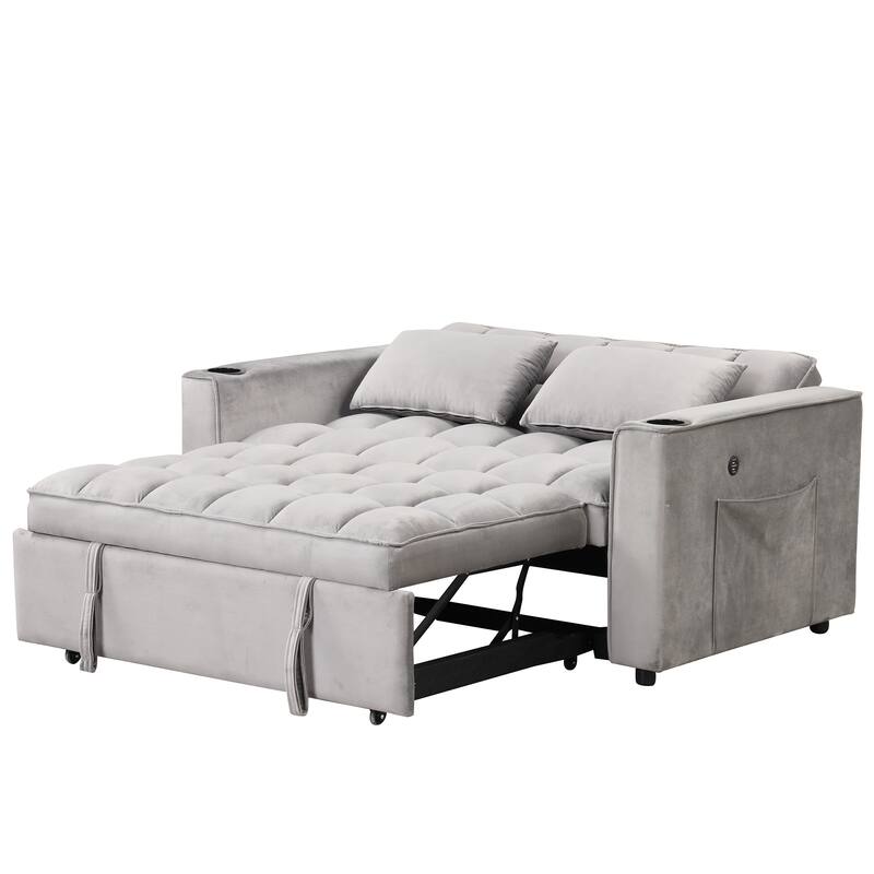 58" Velvet Sofa Bed with Built-In Cup Holder and USB Port, Great for Apartments or Guest Rooms