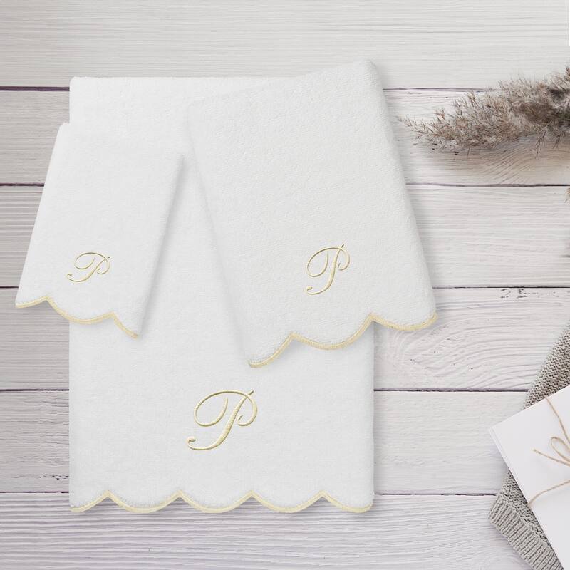 Authentic Hotel and Spa 100% Turkish Cotton Beige ADORNIA Scallop Personalized 3 Piece Towel Set - 3 Piece Set