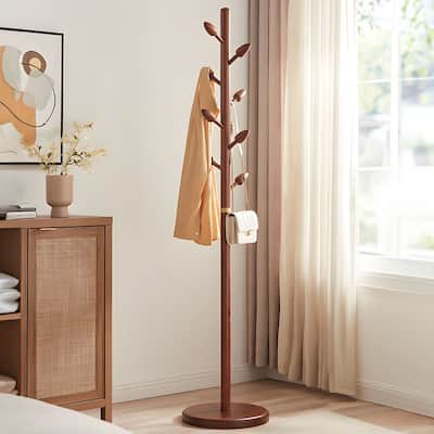 Rubberwood Freestanding Coat Rack, Coat Tree with 8 Bud-shaped Hooks - 15.75"Dia. x 72.44"H