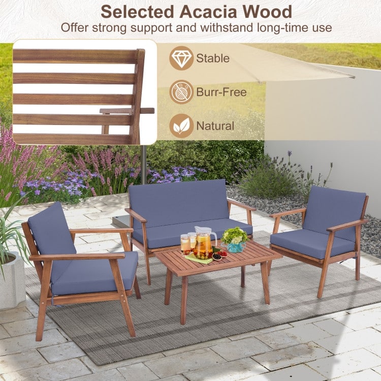 4 Piece Outdoor Acacia Wood Conversation Set with Soft Seat and Back Cushions - 26.5" x 27" x 32"