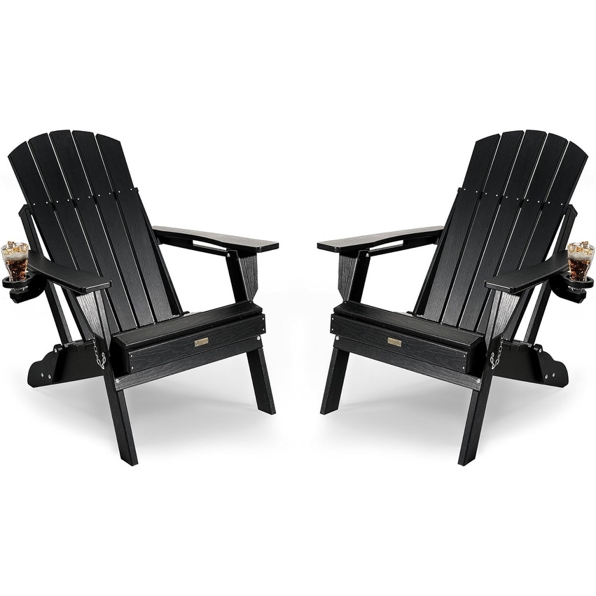 WINSOON All Weather HDPE Outdoor Folding Adirondack Chair With Cup Holder,Set of 2