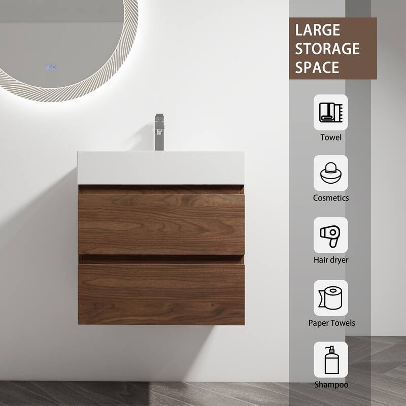 24/30/36 Single Sink Wall-Mounted Bathroom Vanity with Integrated Thick Edge Resin Sink