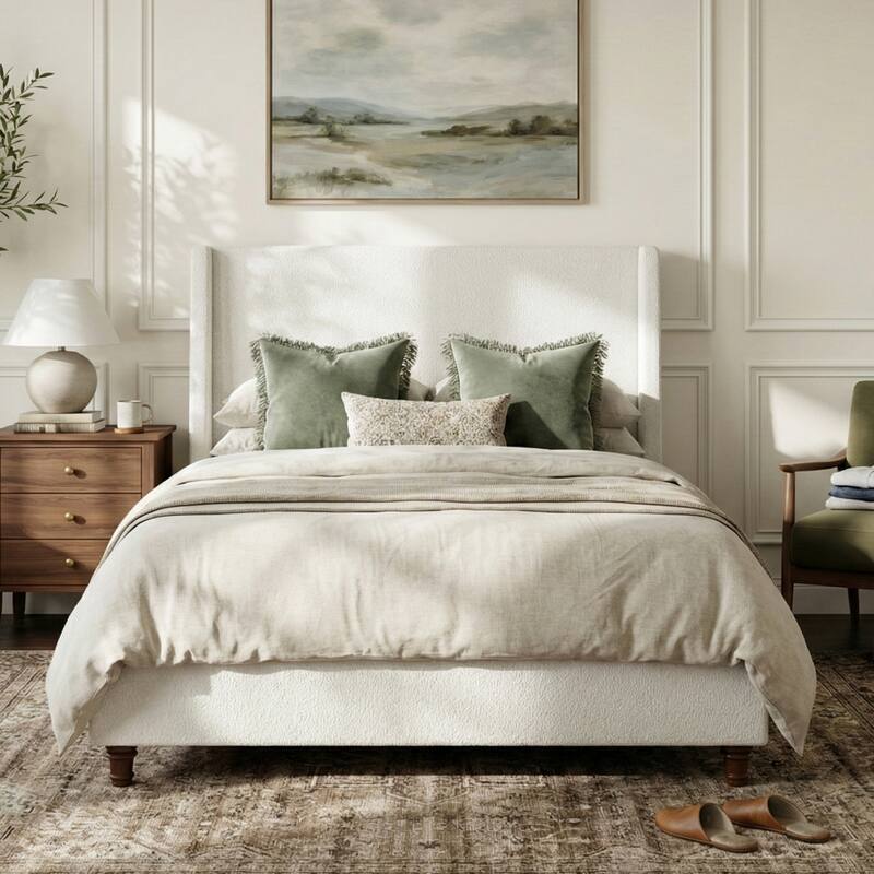 Christopher Knight Home - Modern 52.7" Tall Wingback Boucle Upholstered Platform Bed Frame with Solid Wood Legs & Slat Support - White - Queen