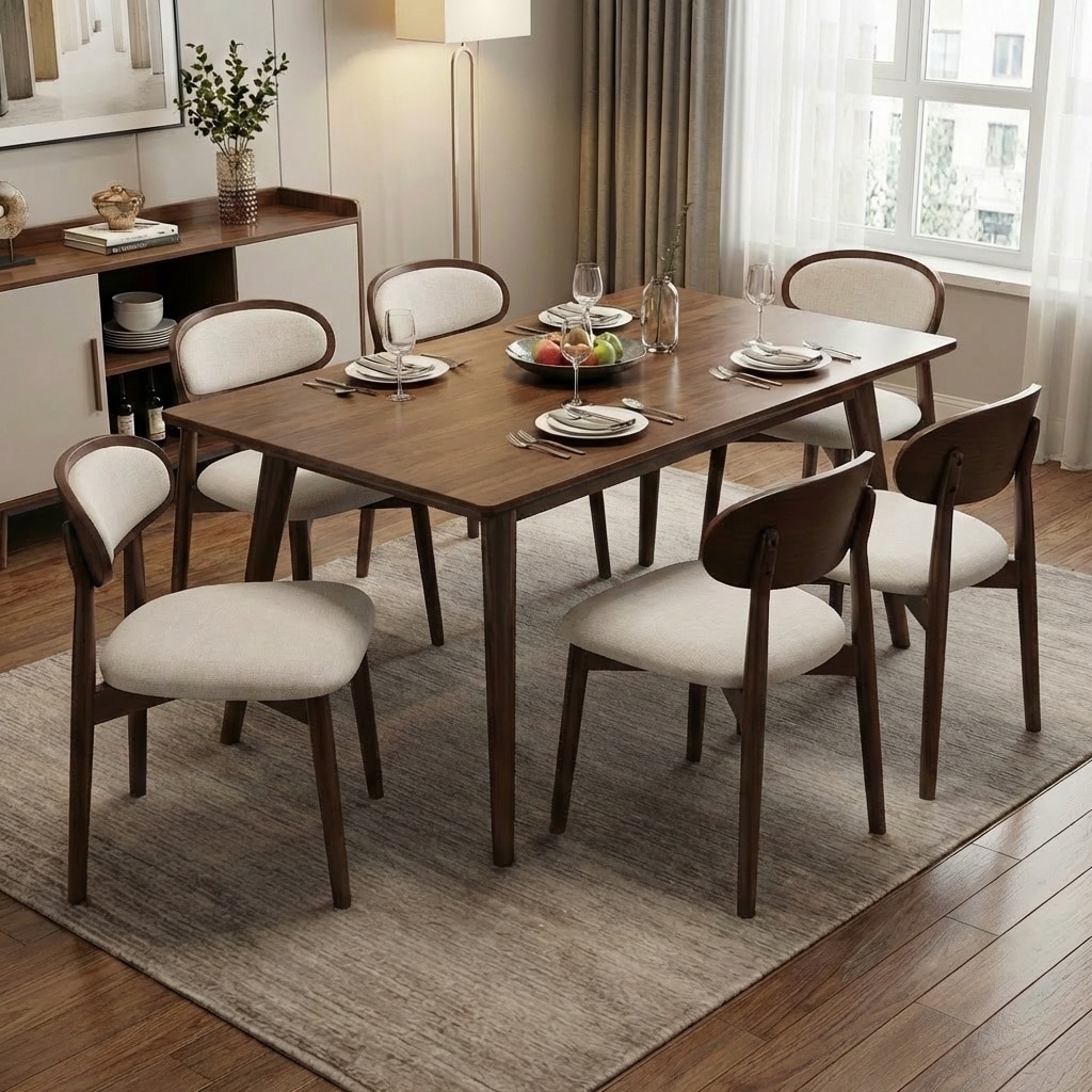 SEYNAR Set of 6 Mid-Century Modern Chenille Dining Chairs with Solid Wood Frame