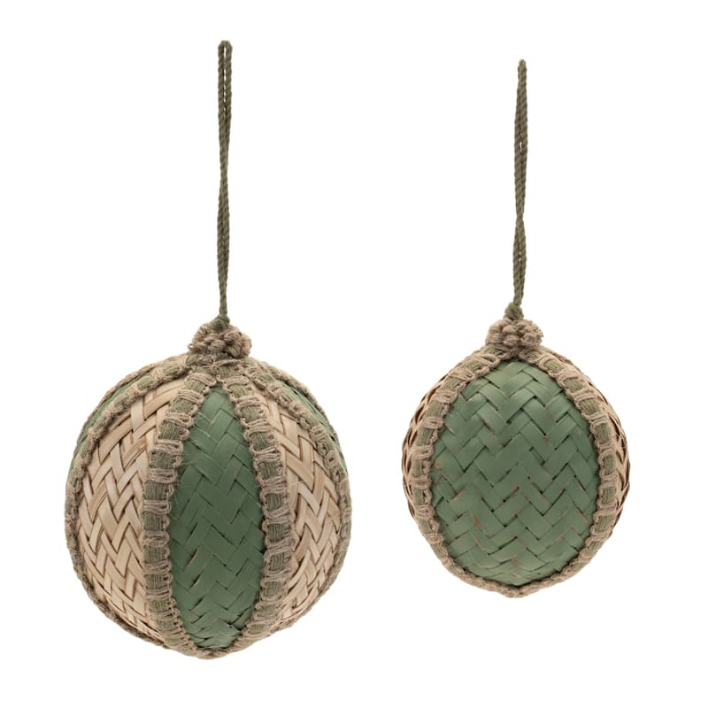 Woven Bamboo Christmas Ball Ornaments - 5.25" (133.35mm) - Green and Gold - 4ct