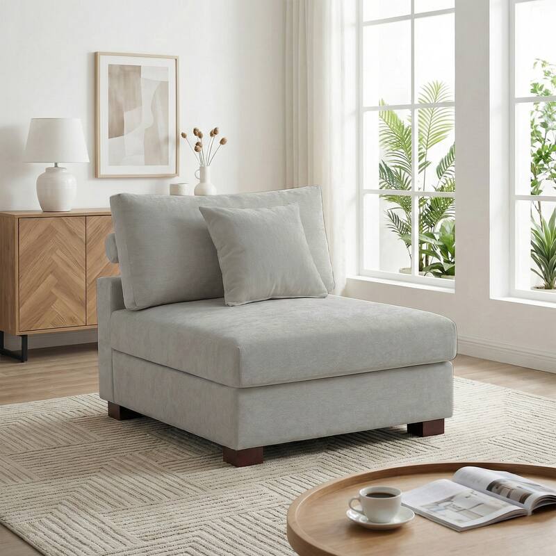 35" W Modern Chenille Armless Accent Chair Sectional Module with Pillows - Grey