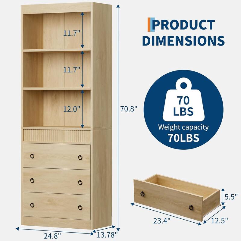 6 Tier Fluted Bookshelf Storage Drawers Bookcase for Living Room, Office, Bedroom