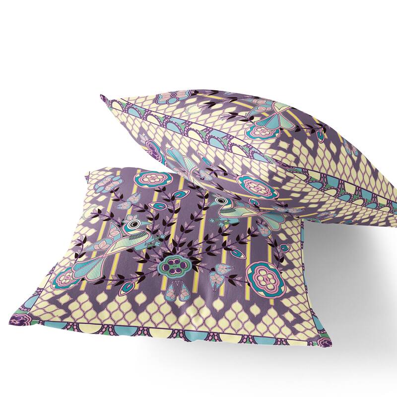HomeRoots Set of Two 16" X 16" Blue and Purple Peacock Blown Seam Floral Indoor Outdoor Throw Pillow - 16.00' X '16.00' X '5.00