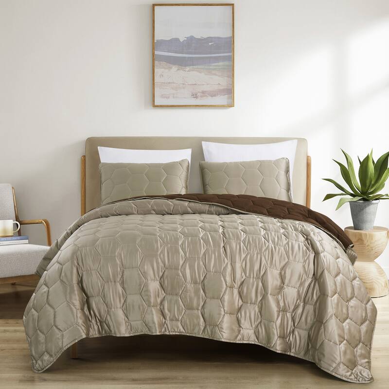 Aurelio Satin 3 Piece Reversible Bedspread - Oversized Queen - Taupe/Brown