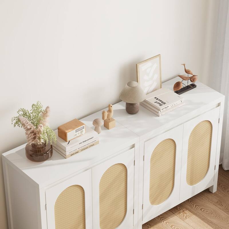 Rattan Storage Cabinet, Wooden Sideboard Buffet Cabinet with Doors and Shelves
