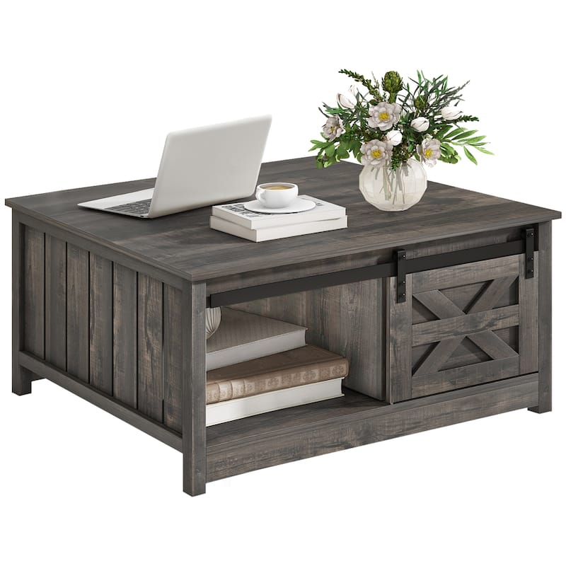 Moasis Farmhouse Coffee Table Wooden Square Center Table with Sliding Barn Door Small Coffee Table with Half Open Storage - Dark Oak