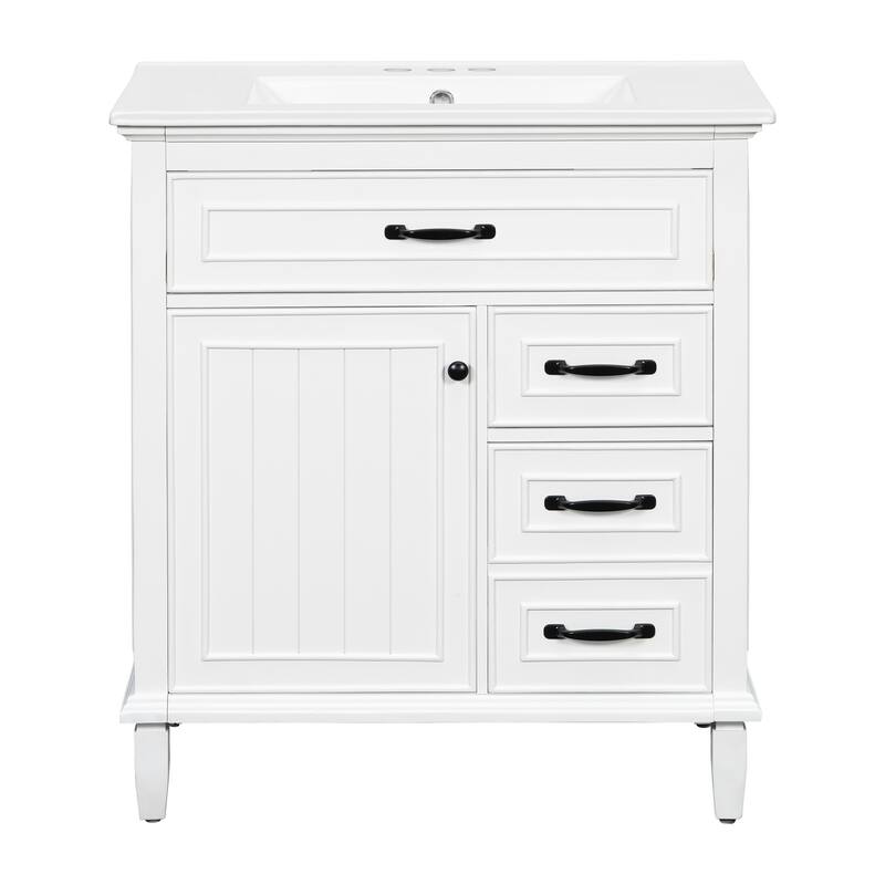 30 Inch Bathroom Vanity with Ceramic Sink Top, Flip Drawers, Freestanding Storage Cabinet (Faucet Not Included)