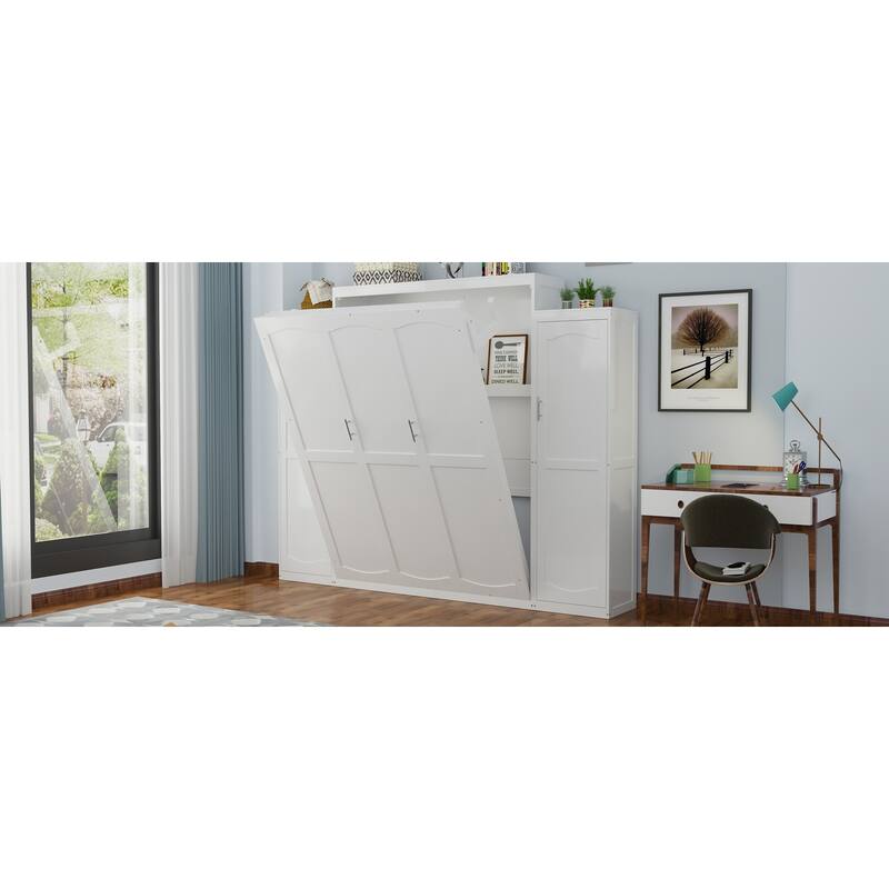 Full Size Wood Murphy Bed with Two Wardrobe and Storage Shelf, Multifunctional Foldable Platform Bedframe